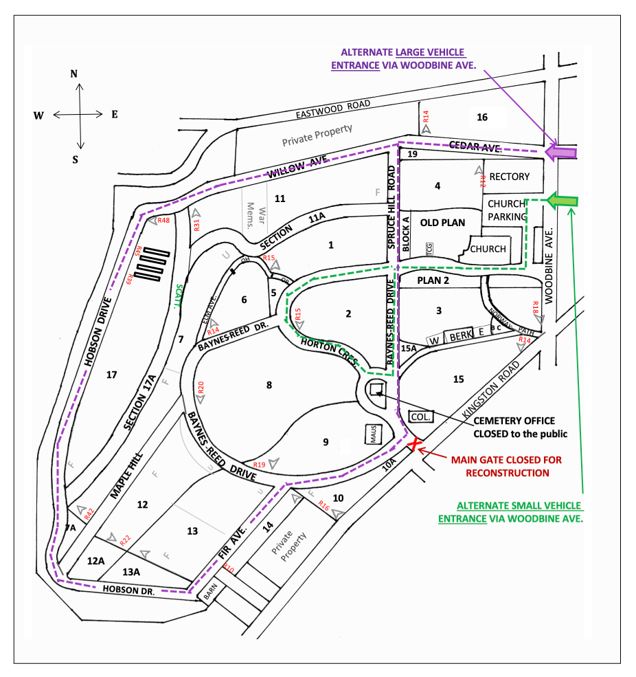 Map showing alternate entrances along Woodbine Avenue.